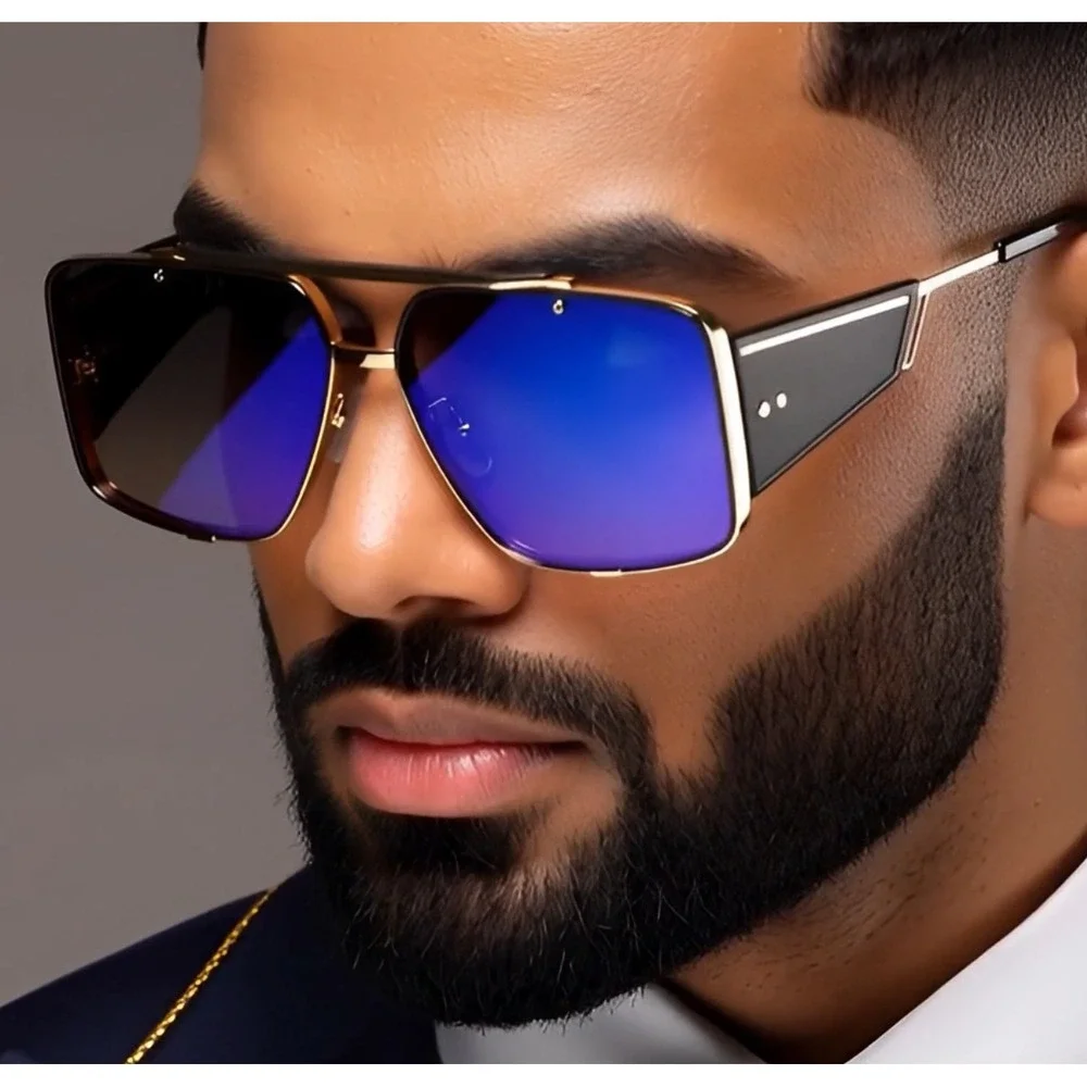 Mens Oversized Square Sunglasses Gold Frame Mirrored Blue Lenses Fashion Eyewear